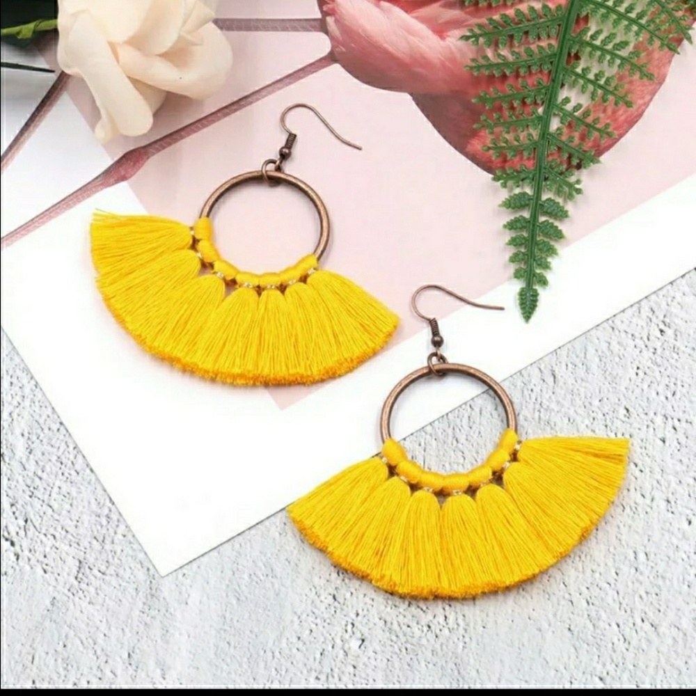 FUN YELLOW BOHO FEATHER TASSEL EARRINGS